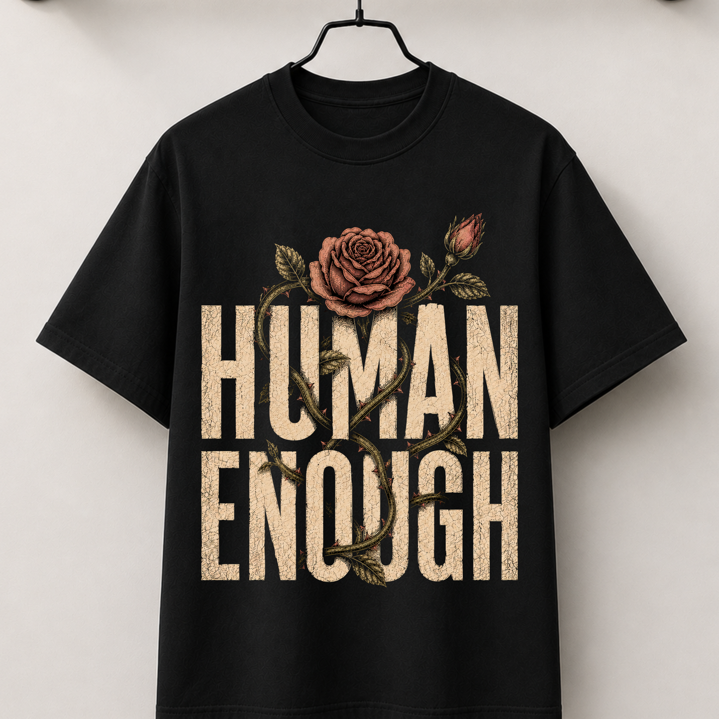 Human Enough black tee rose logo large print