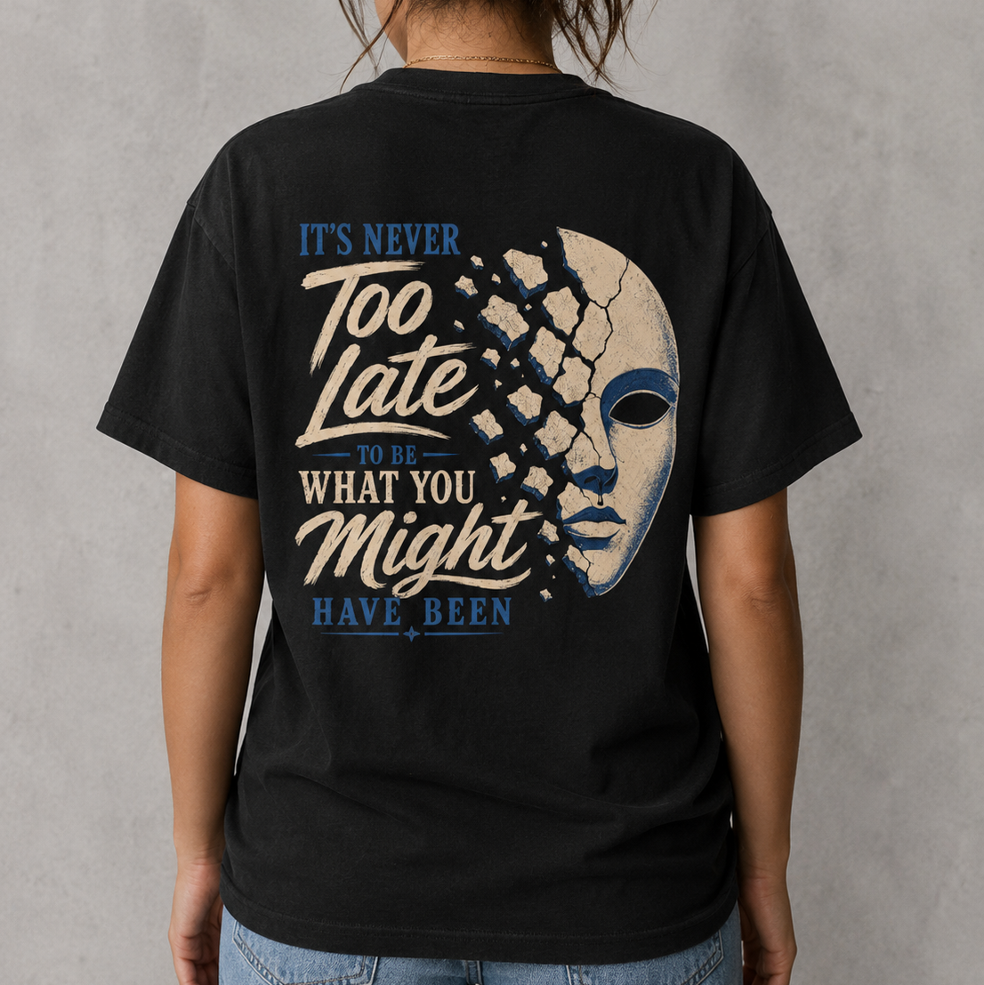 It's never too late back print black tee