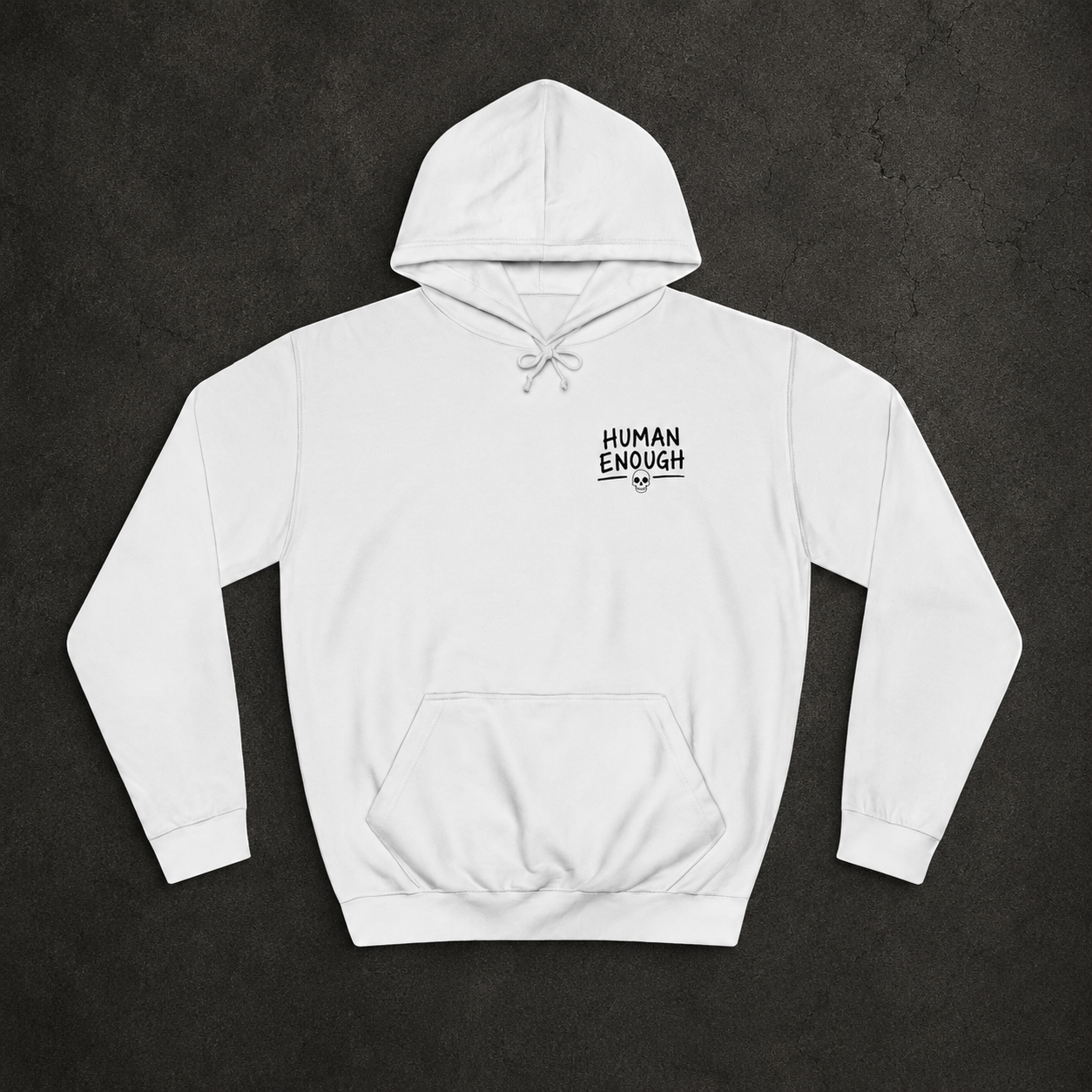 Human Enough skull white hoodie front & back print