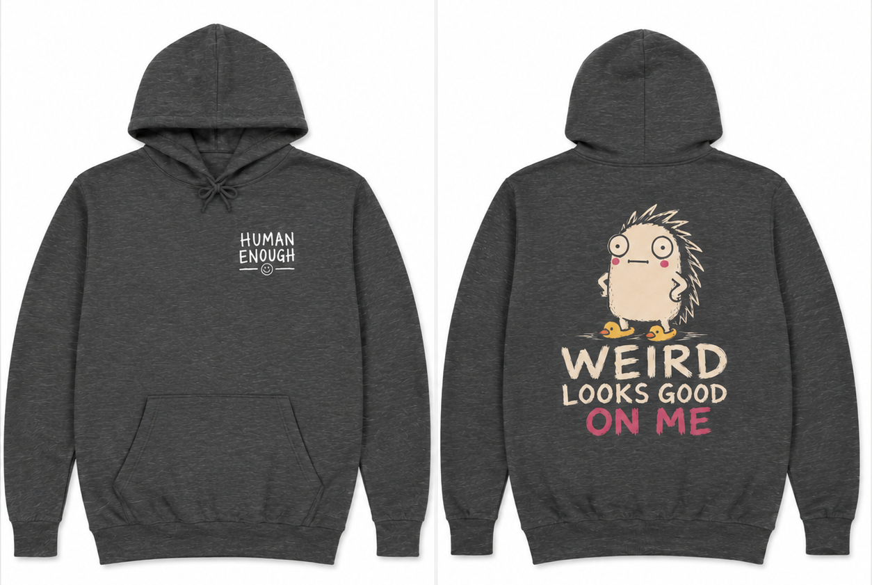 Weird looks good on me Human Enough dark hoodie front & back print