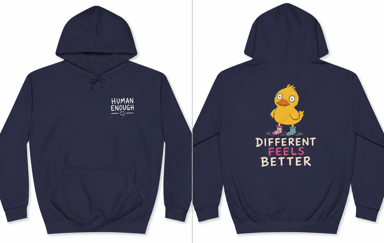 Different feels better Human Enough dark hoodie front & back print