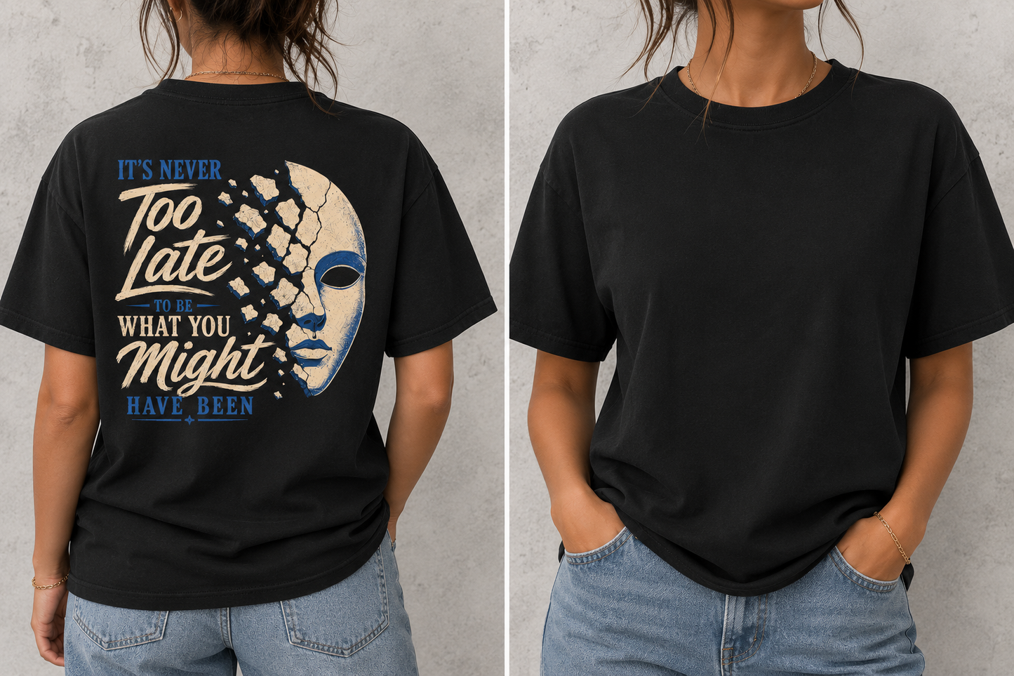 It's never too late back print black tee